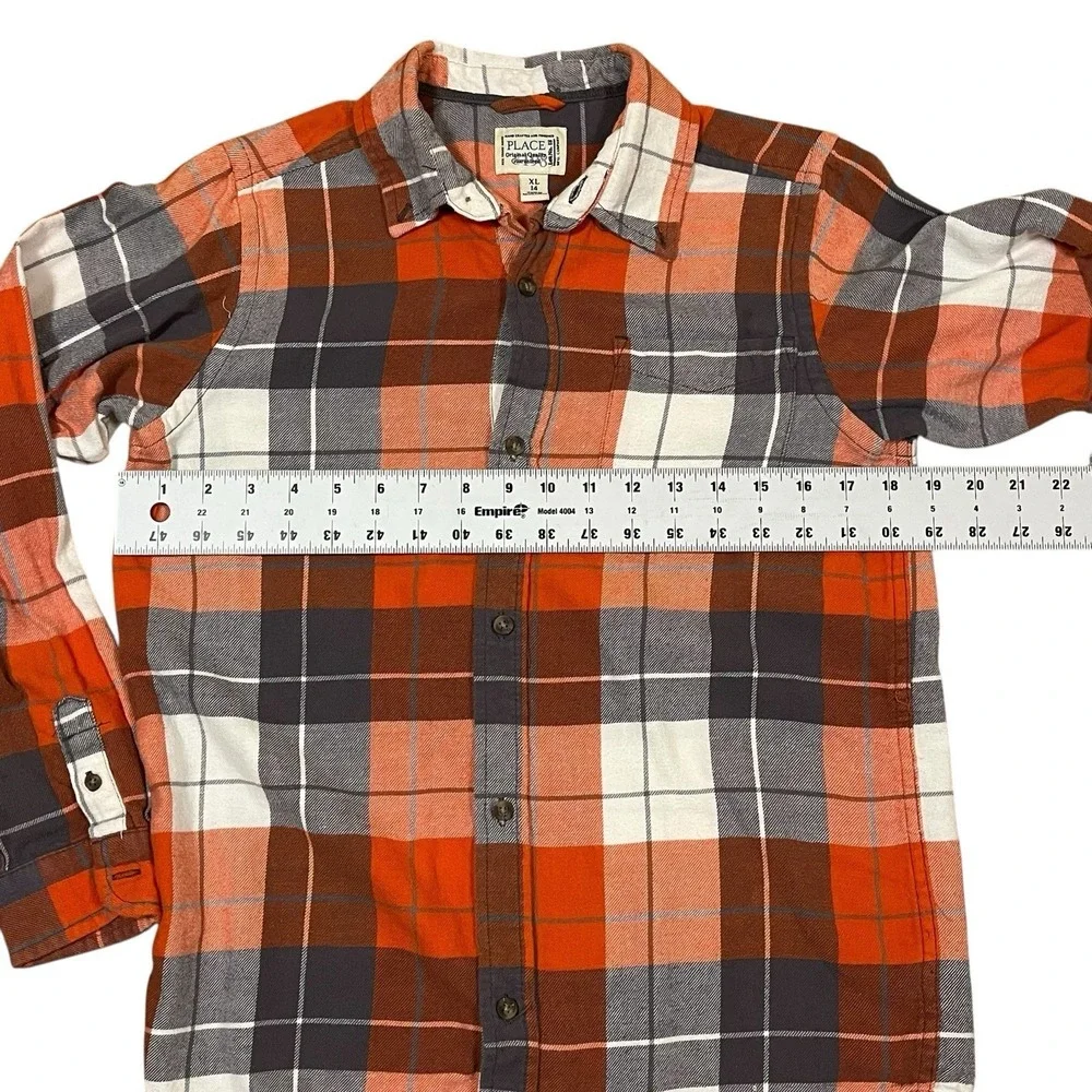 Kids The Children's‎ Place Orange Gray Flannel Button Shirt Size XL 14 Preppy